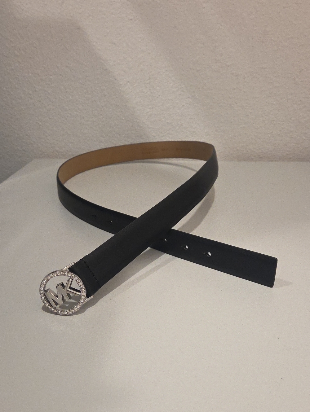 Michael Kors Black Leather Belt with Rhinestone MK Logo Buckle